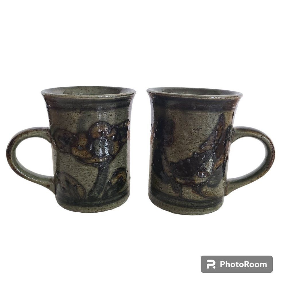 Vintage Handmade Brown Stoneware Glazed Pottery Coffee Mugs Tea Cups Eclectic